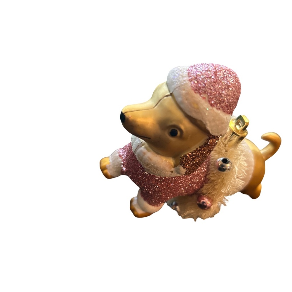 Holiday Dachshund Dog Pink and Gold Ornament with Glitter Santa Suit - Picture 3 of 5